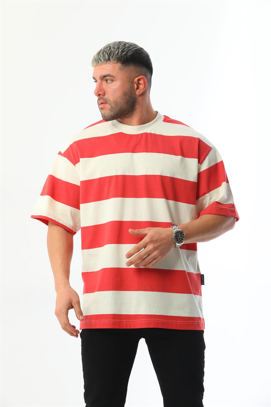 Premium Kalite Kırmızı Beyaz Çizgili Oversize Erkek T-Shirt