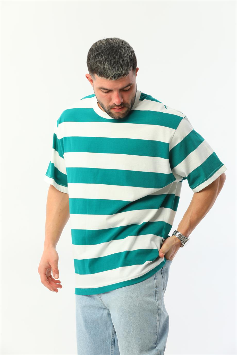 Yeşil Çizgili Oversize Erkek T-Shirt