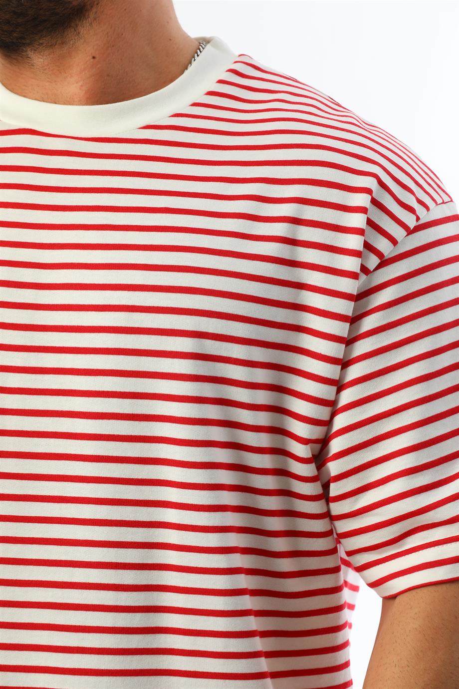 Yüksek Gramajlı Kırmızı Çizgili Oversize Erkek T-Shirt