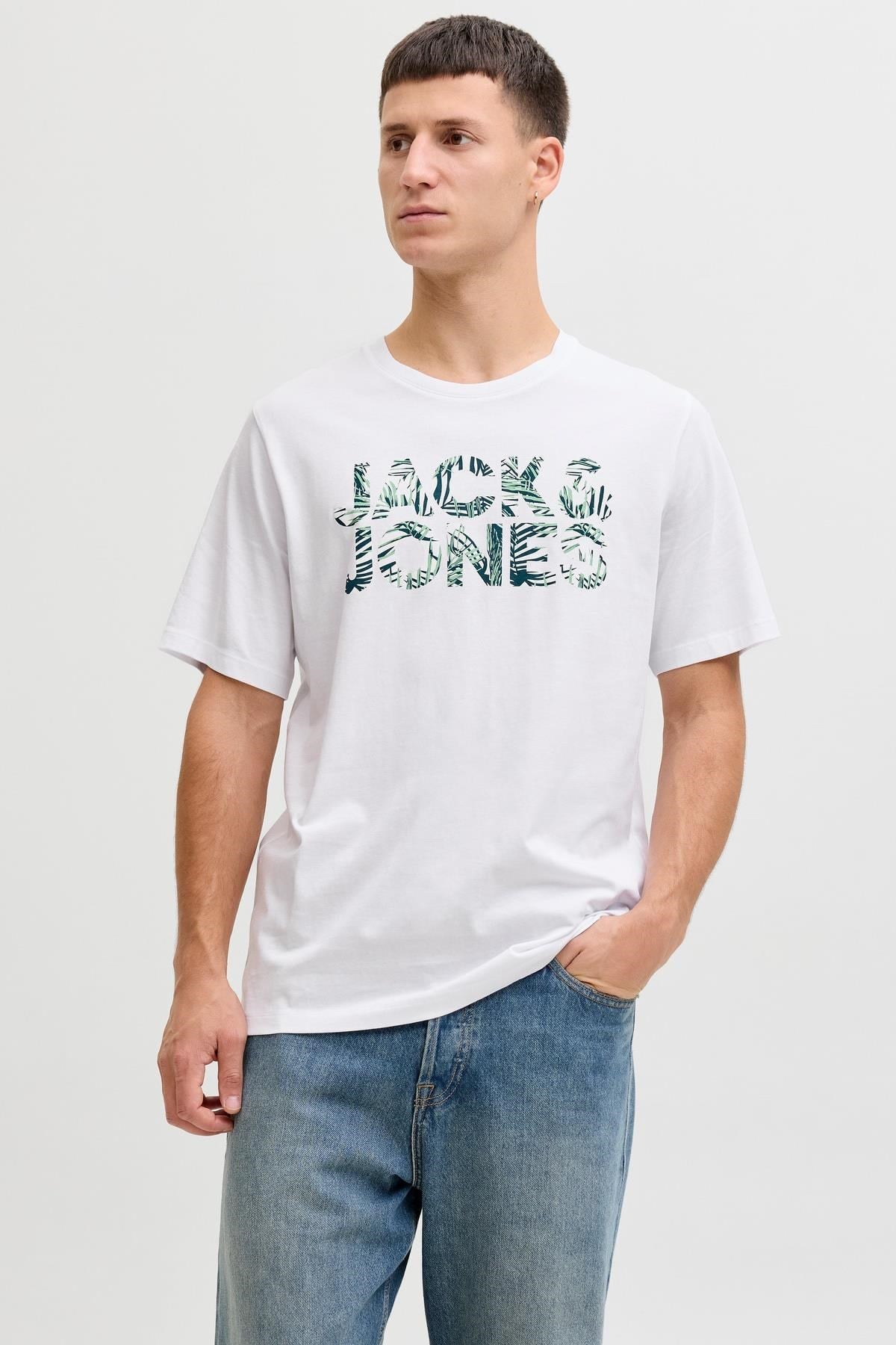 Jack & Jones JJEJEFF Logo Baskılı Bisiklet Yaka Erkek T-Shirt 