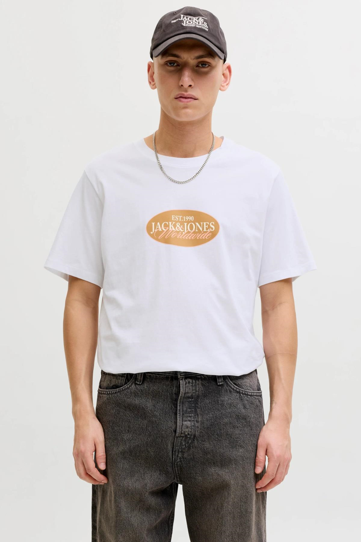 Jack & Jones JORCATSKILLS Front Baskılı Erkek Tişört | Bisiklet Yaka | Kısa Kollu 