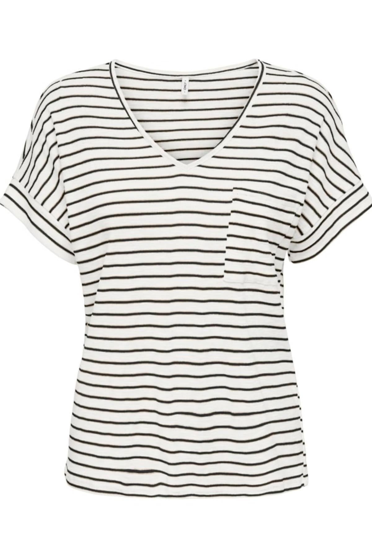 ONLIBEN S/S MOSTER V-NECK GLITTER TOPJRS BEYAZ-SİYAH