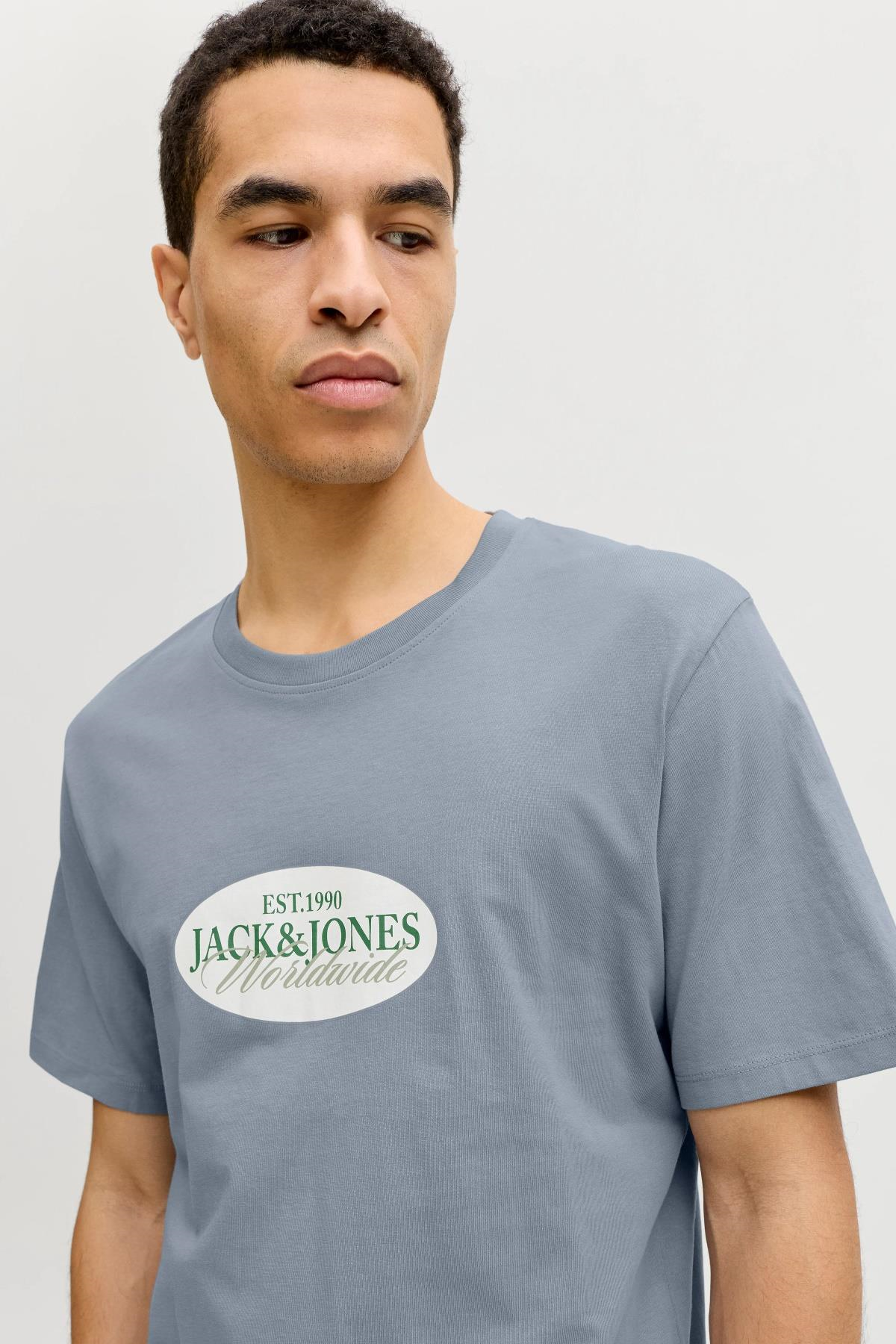 Jack & Jones JORCATSKILLS Front Baskılı Erkek Tişört | Bisiklet Yaka | Kısa Kollu 