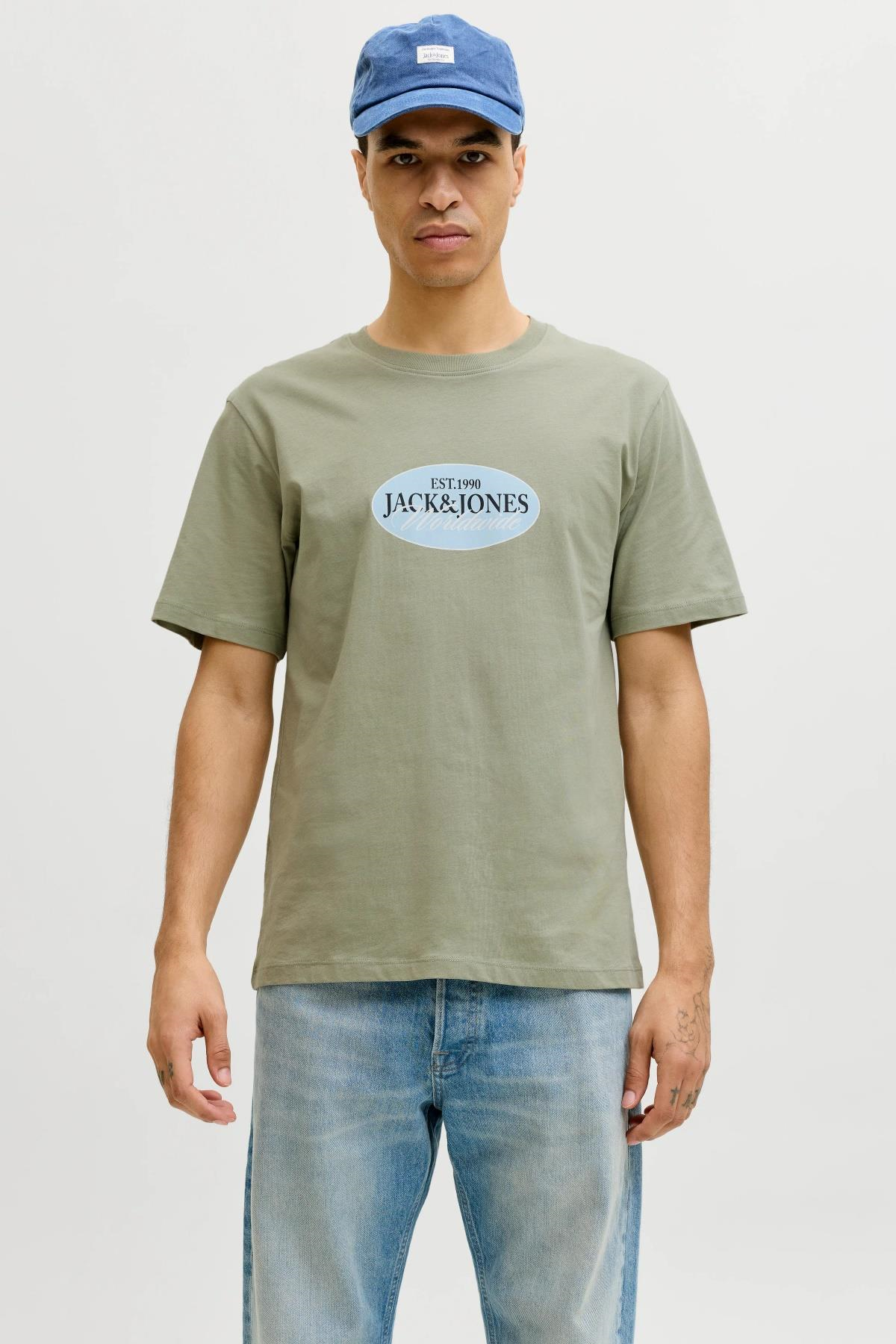 Jack & Jones JORCATSKILLS Front Baskılı Erkek Tişört | Bisiklet Yaka | Kısa Kollu 