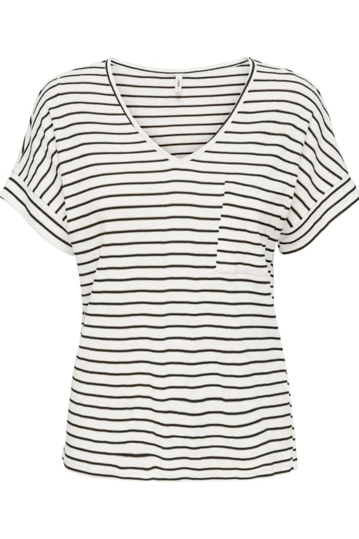 ONLIBEN S/S MOSTER V-NECK GLITTER TOPJRS BEYAZ-SİYAH