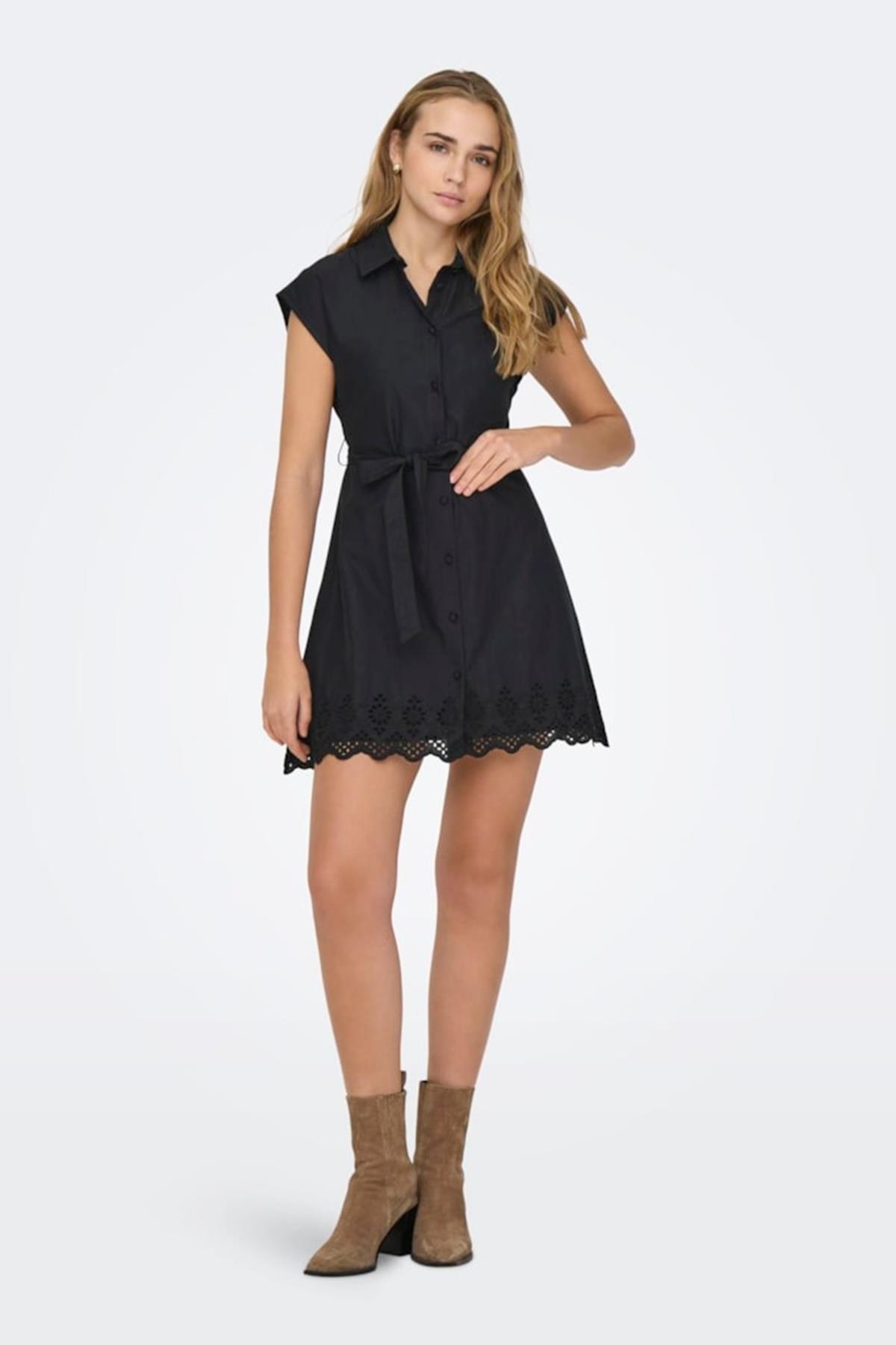ONLLOU LIFE EMB S/S SHIRT DRESS PTM SİYAH