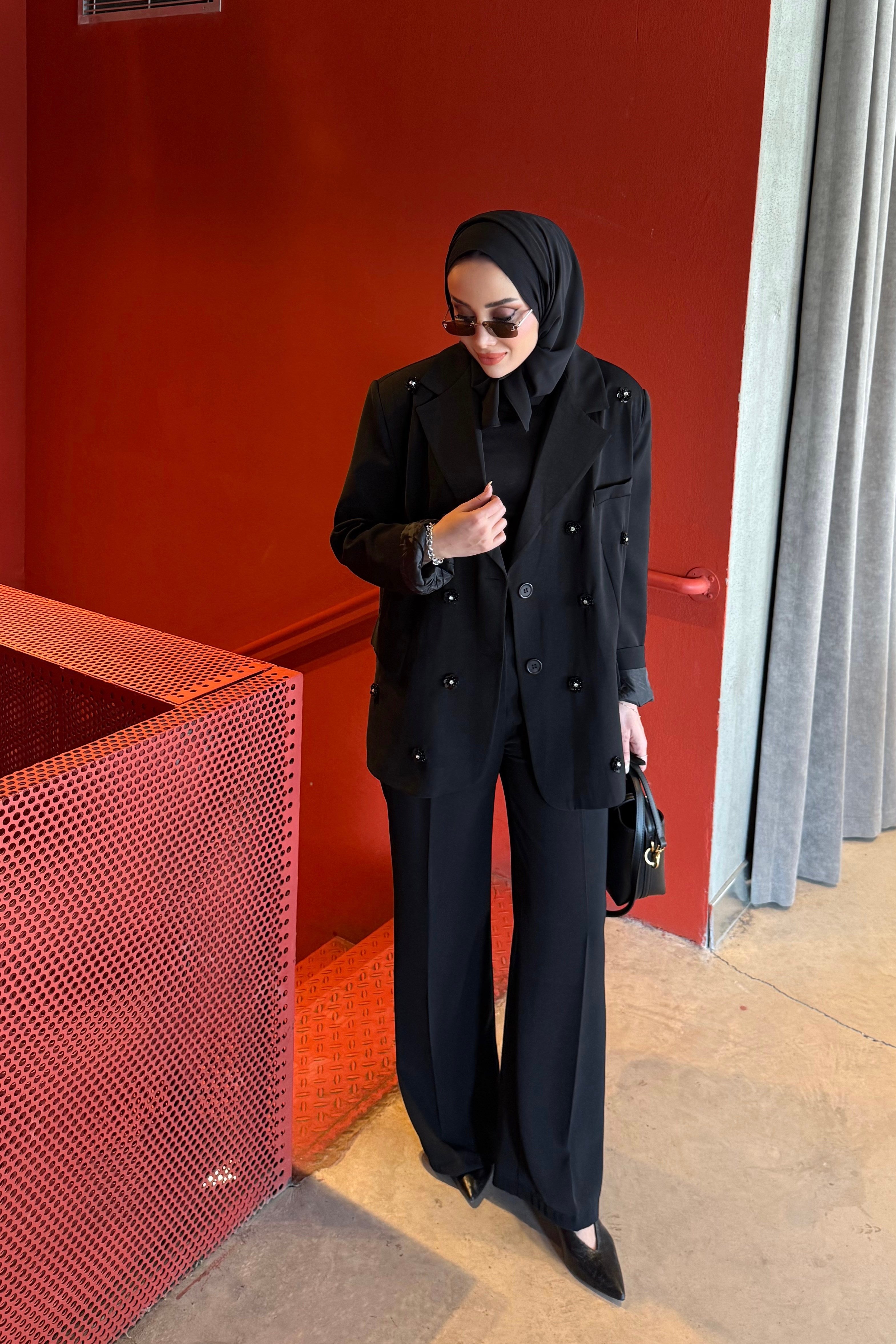 Blazer Takım Çiçek İşlemeli Siyah