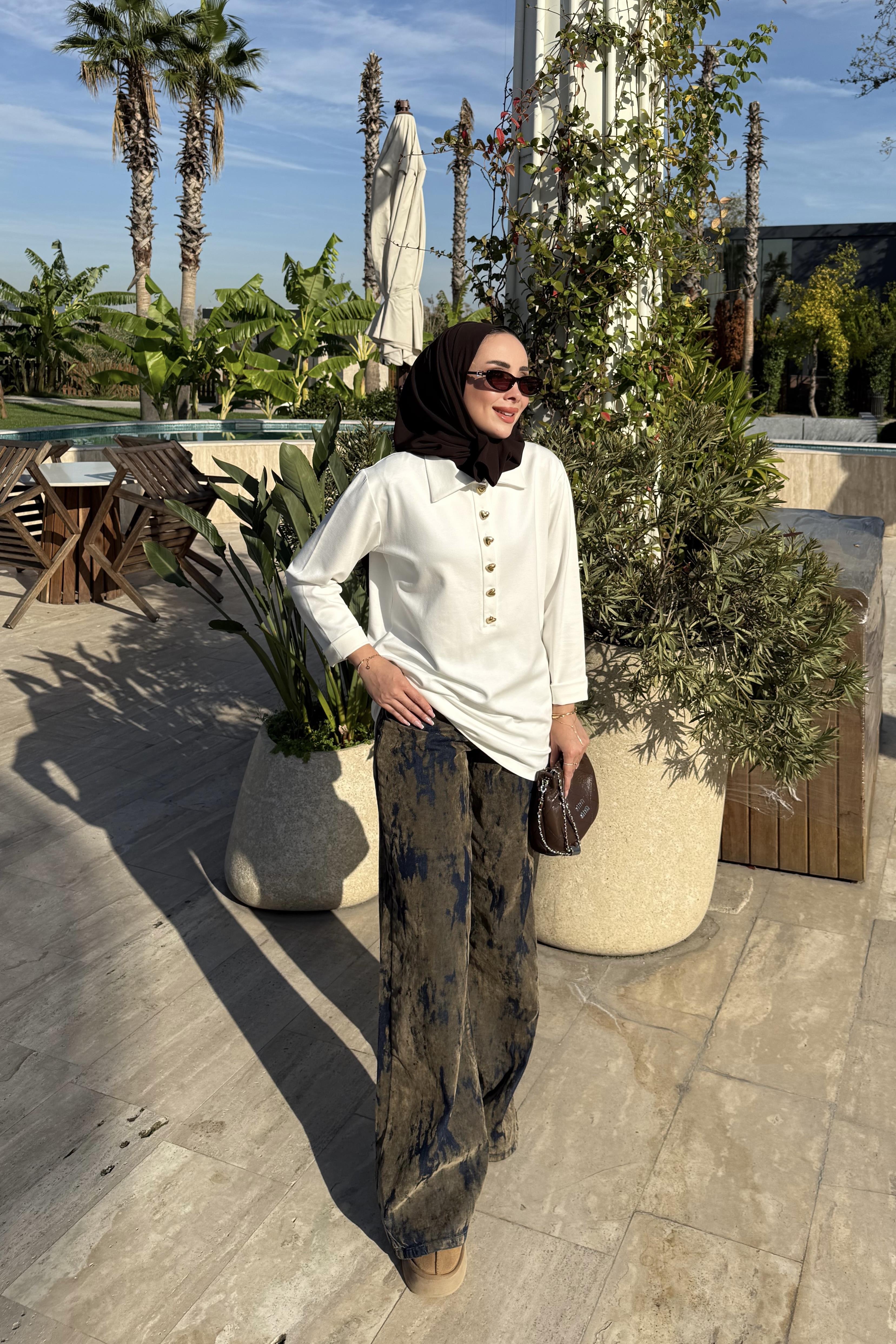 Çelik Örme Kalp Düğmeli Sweatshirt  Beyaz 