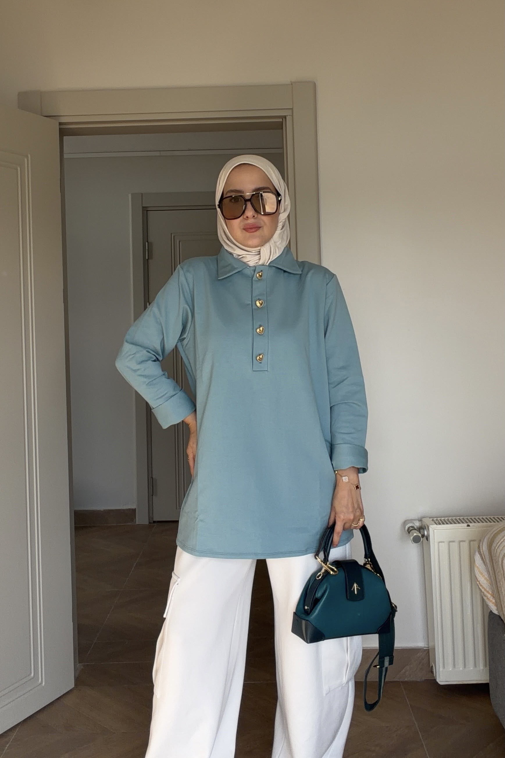 Çelik Örme Kalp Düğmeli Sweatshirt  Mint Yeşil 