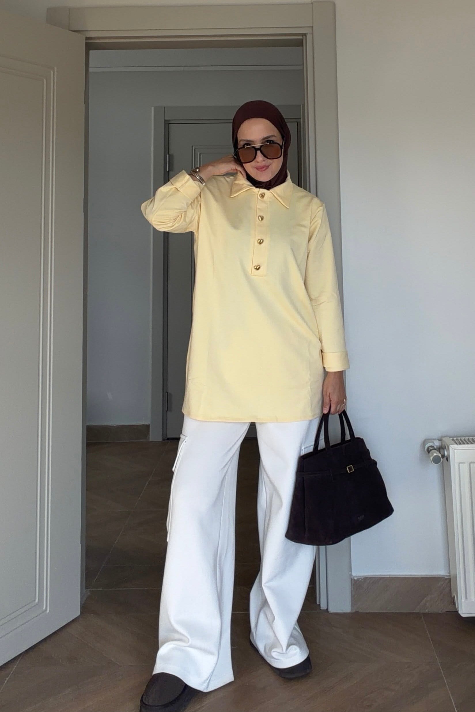 Çelik Örme Kalp Düğmeli Sweatshirt  Sarı