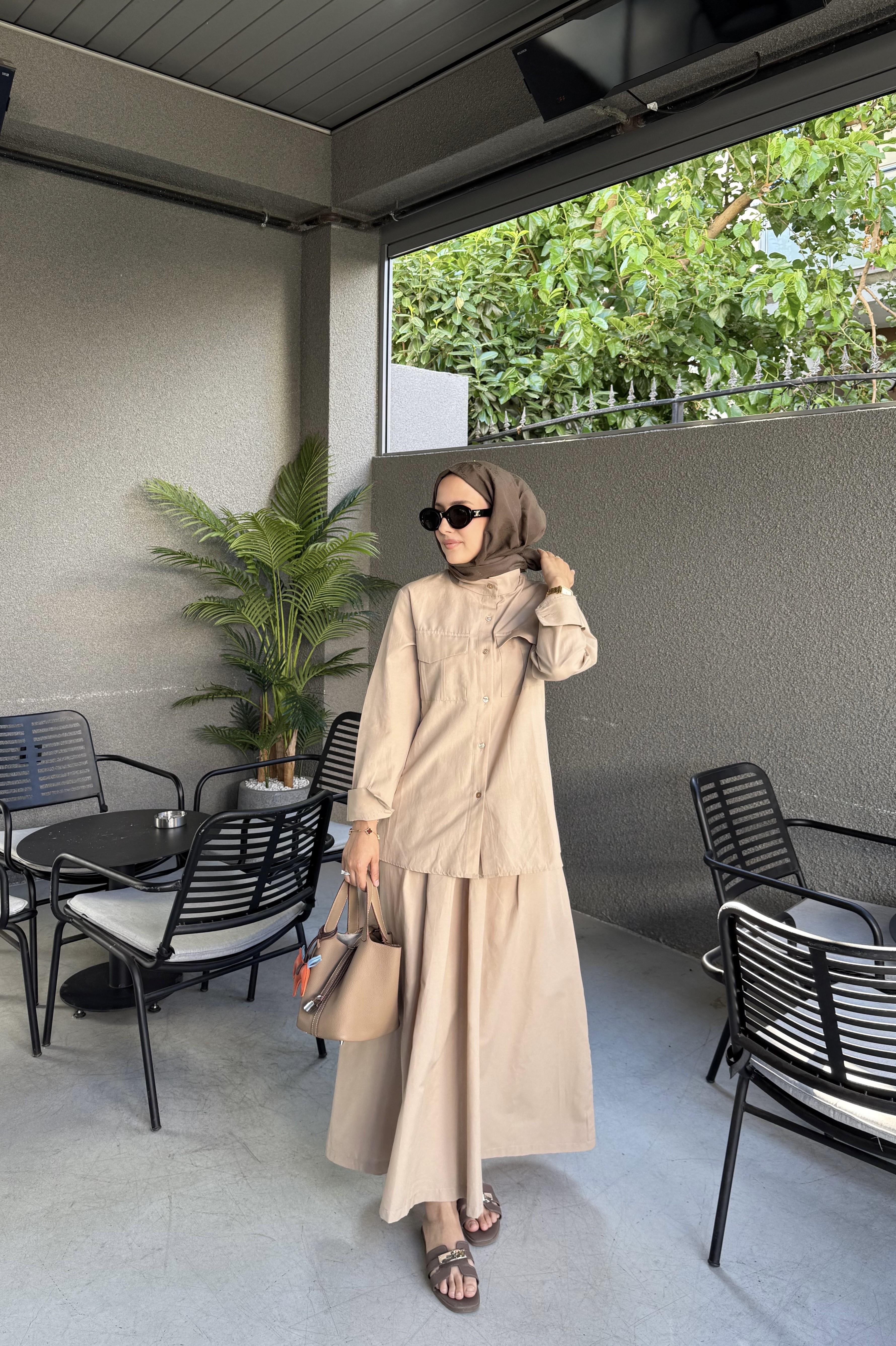 Gömlek Etekli Takım Pamuk Keten Camel