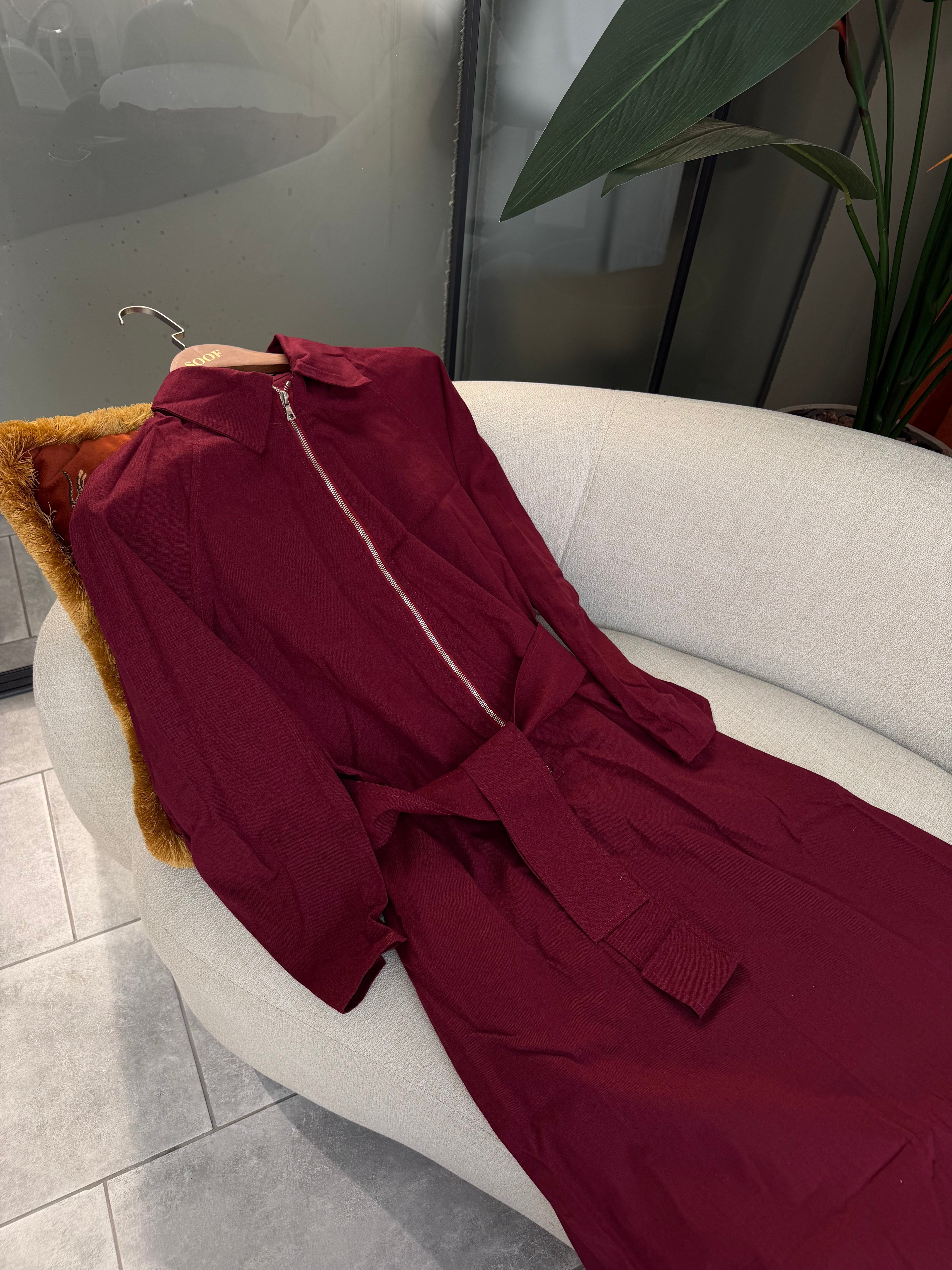 Keten Elbise Bordo  36-42 