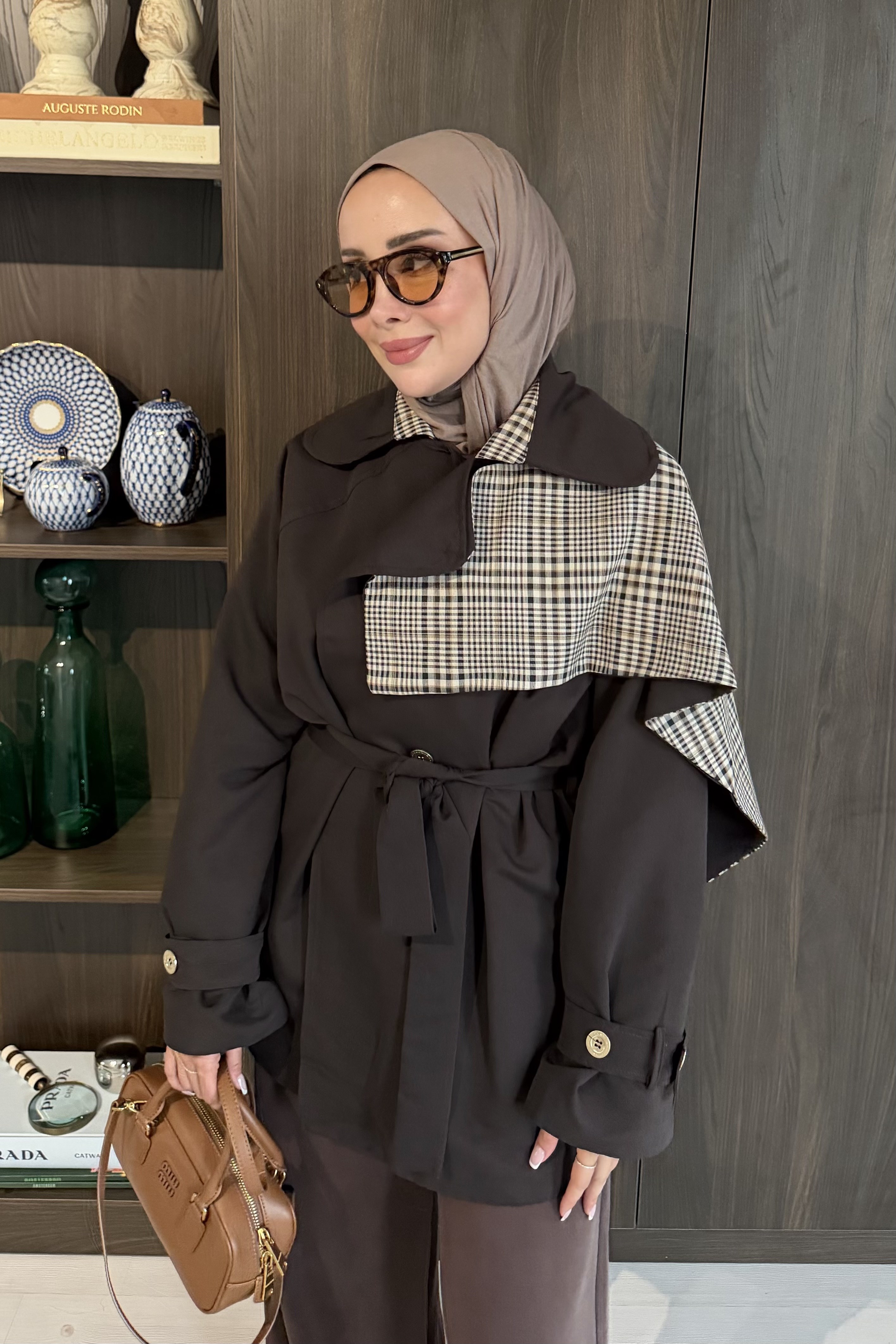 Yakalı Ekose Detaylı Trenç  Kahve