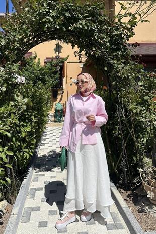 Çift Katlı Keten Etek Beyaz