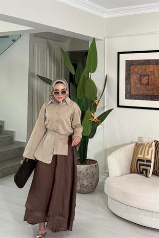 Çift Katlı Keten Etek Kahve