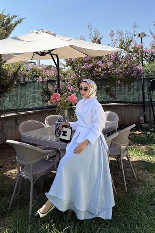 Çift Katlı Keten Etek Mavi