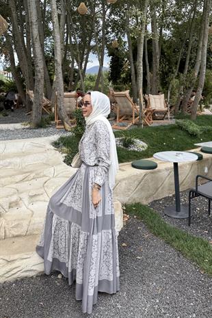 Desenli Gömlek Etek Takım Gri