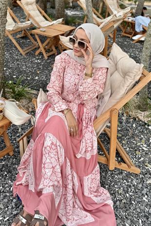 Desenli Gömlek Etek Takım Pembe
