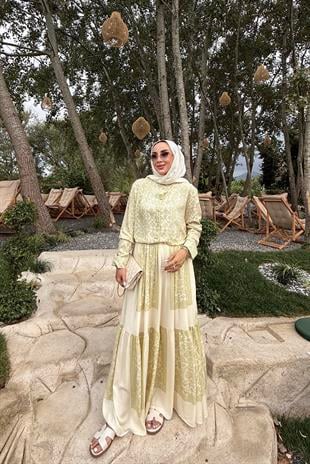 Desenli Gömlek Etek Takım Tereyağ Sarıısı
