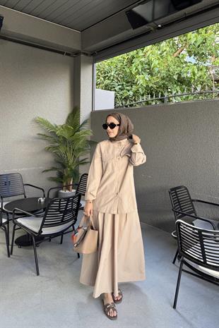 Gömlek Etekli Takım Pamuk Keten Camel
