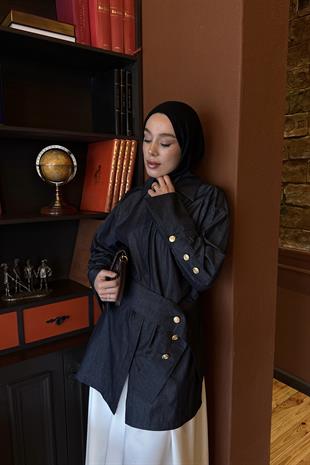Keten Bağlamalı Düğme Detaylı Ceket Denim 