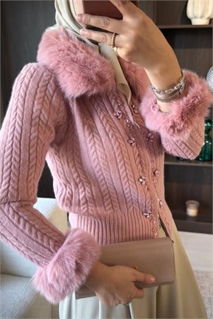 Kürk Yaka  İthal Hırka Pembe