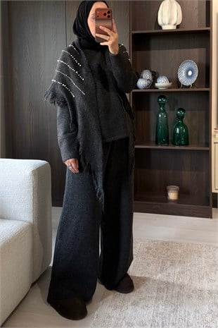 Şal Detaylı İşlemeli Üçlü Takım  Gri
