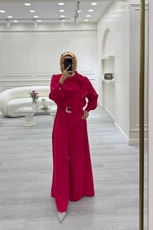 Taş Detaylı Tulum Fuşya