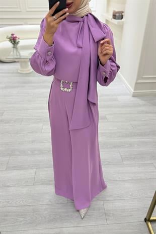 Taş Detaylı Tulum Lila