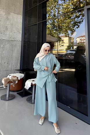 Yandan Bağlmalı Gömlek Pantolon Takım Yeşil