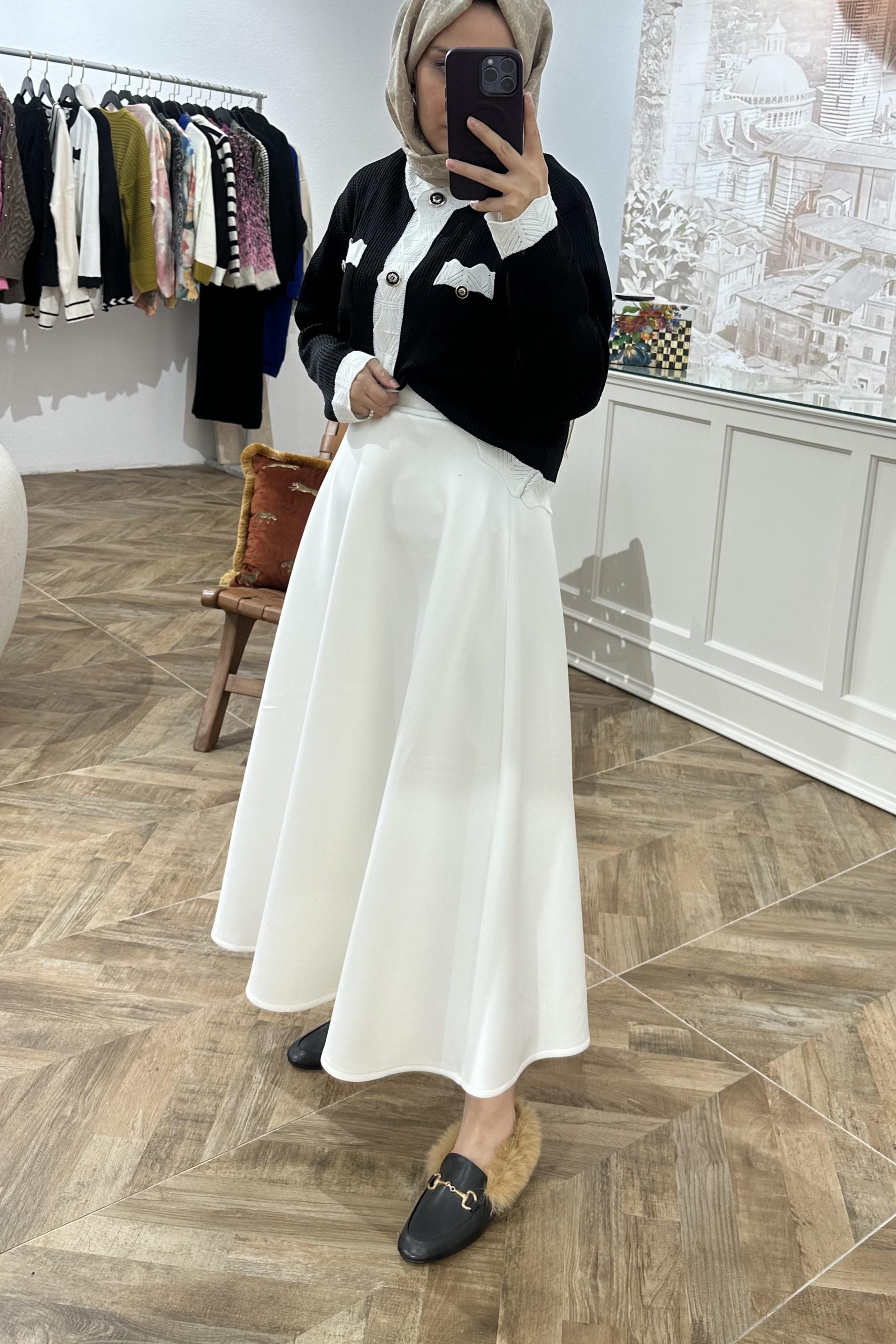 Beyaz Yüksek Bel Scuba Etek