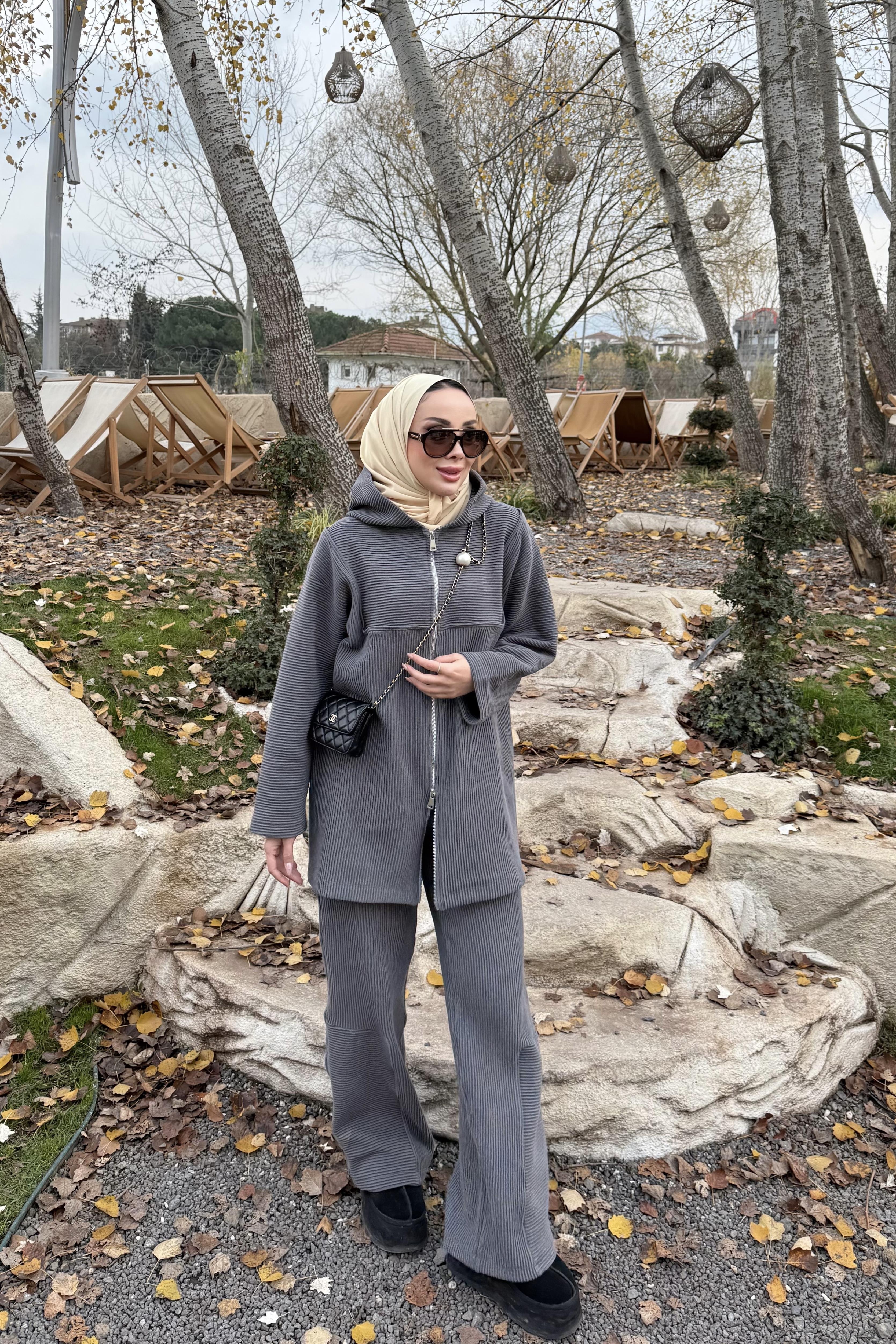 Biyeli Eşofman Takım Gri