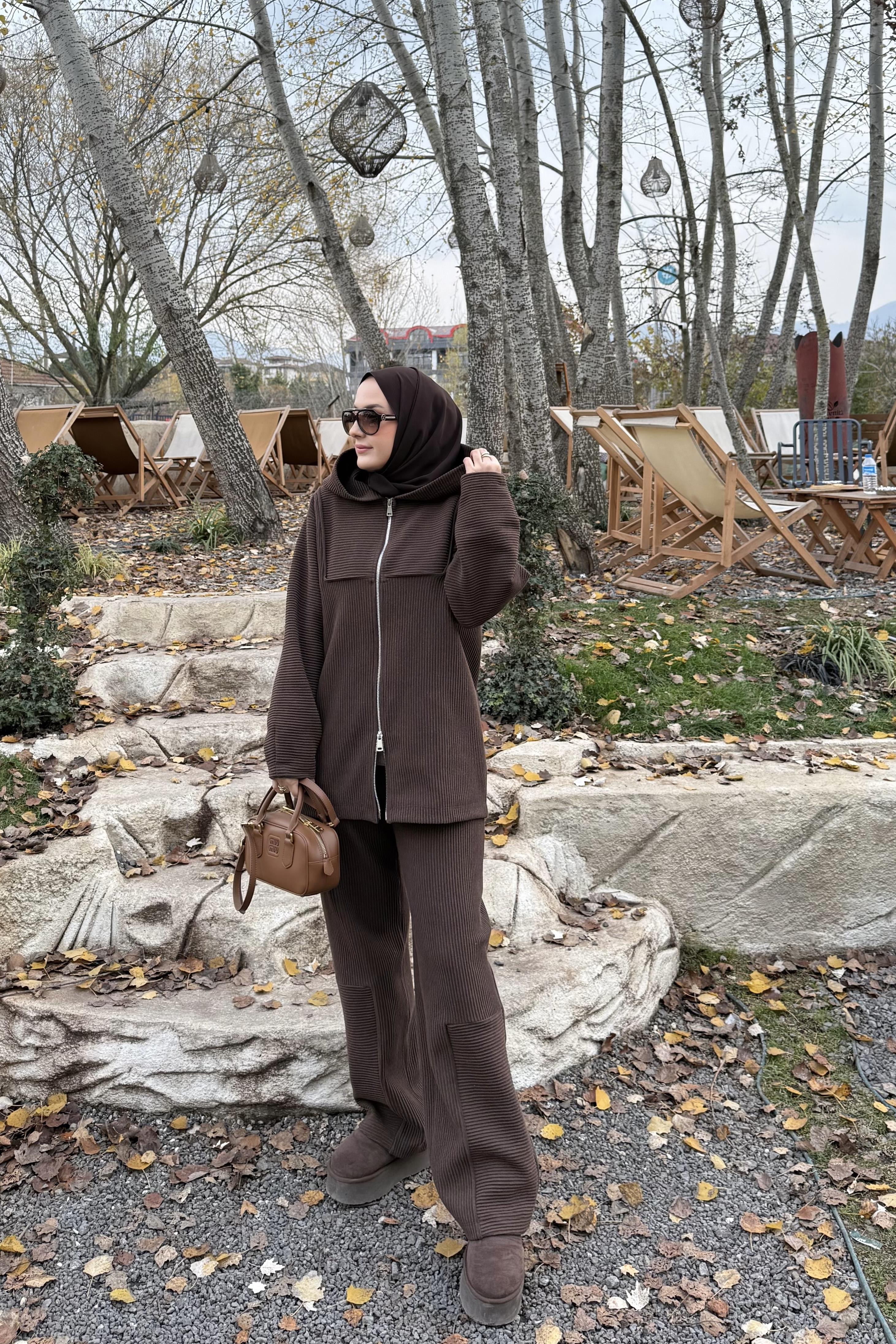 Biyeli Eşofman Takım Kahve