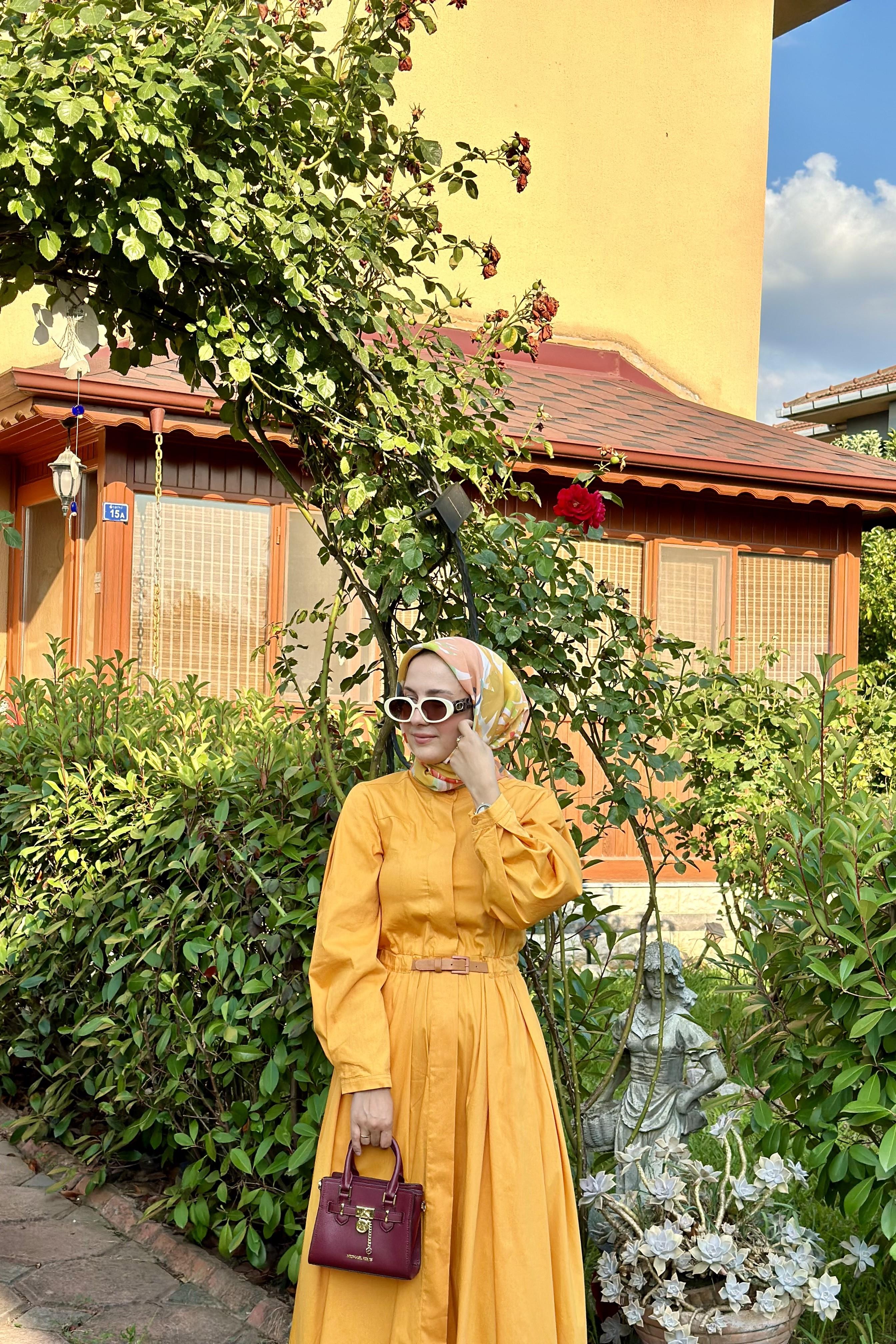 Kemerli Kloş Elbise Turuncu