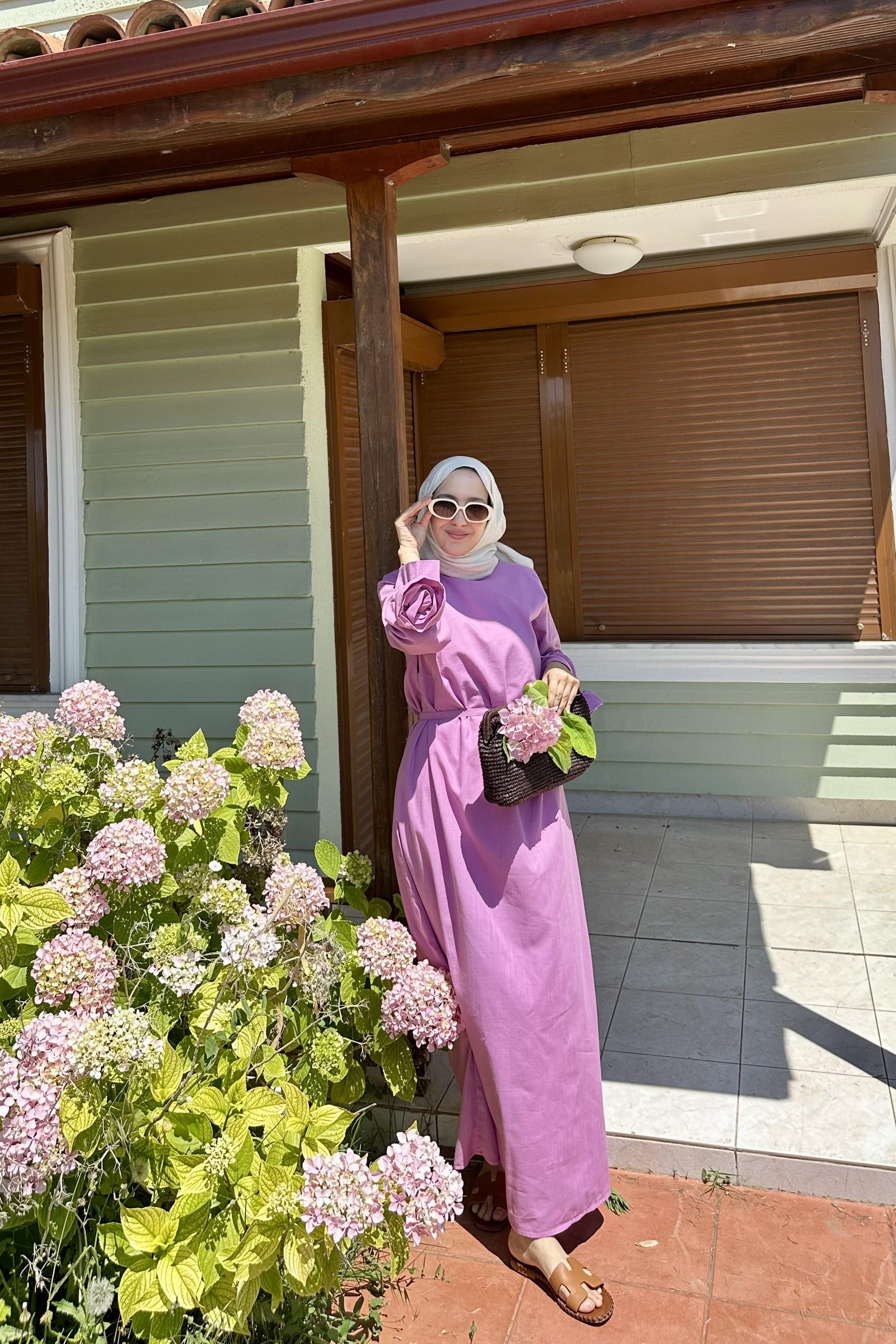 Pembe Keten Çiçek Elbise