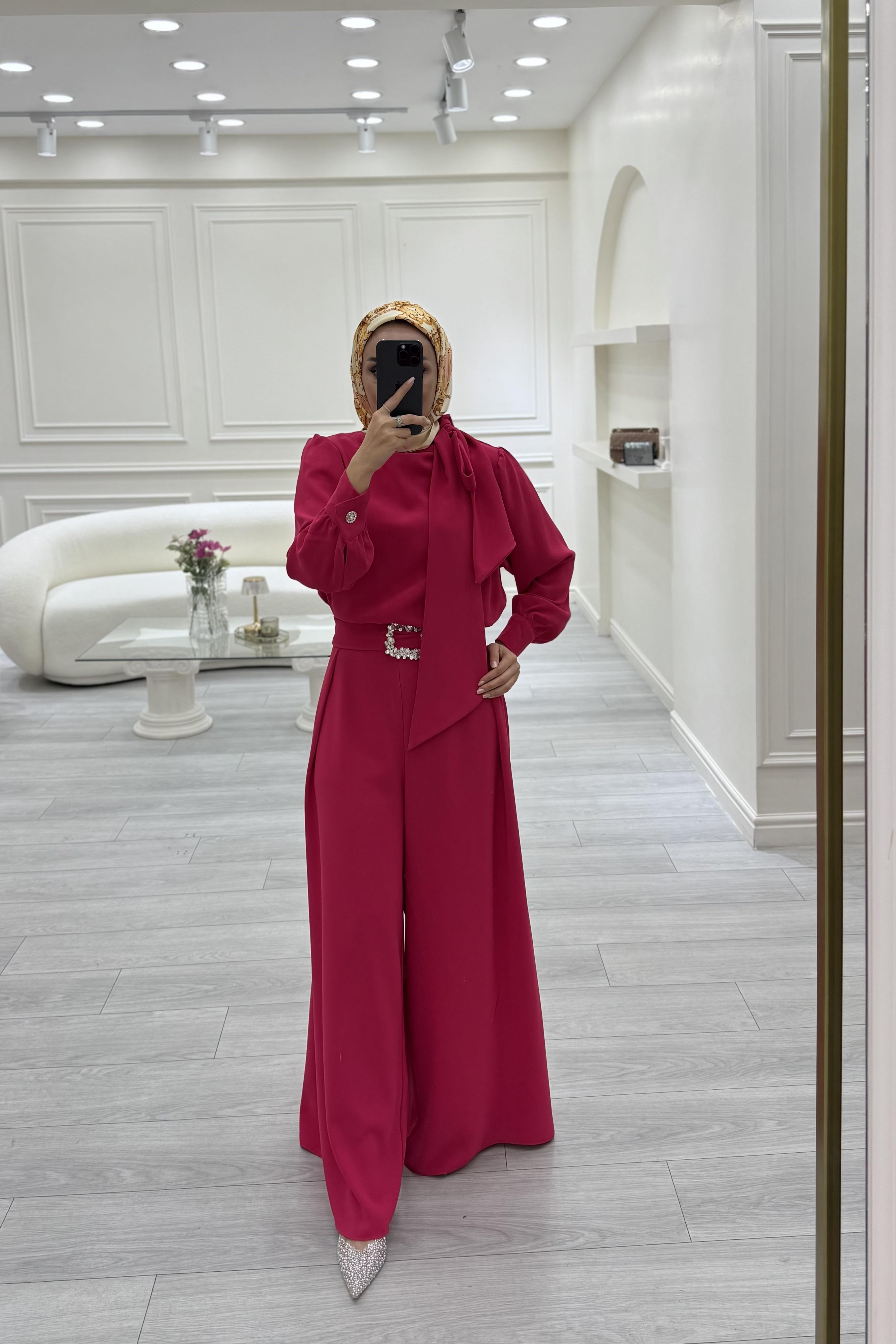 Taş Detaylı Tulum Fuşya