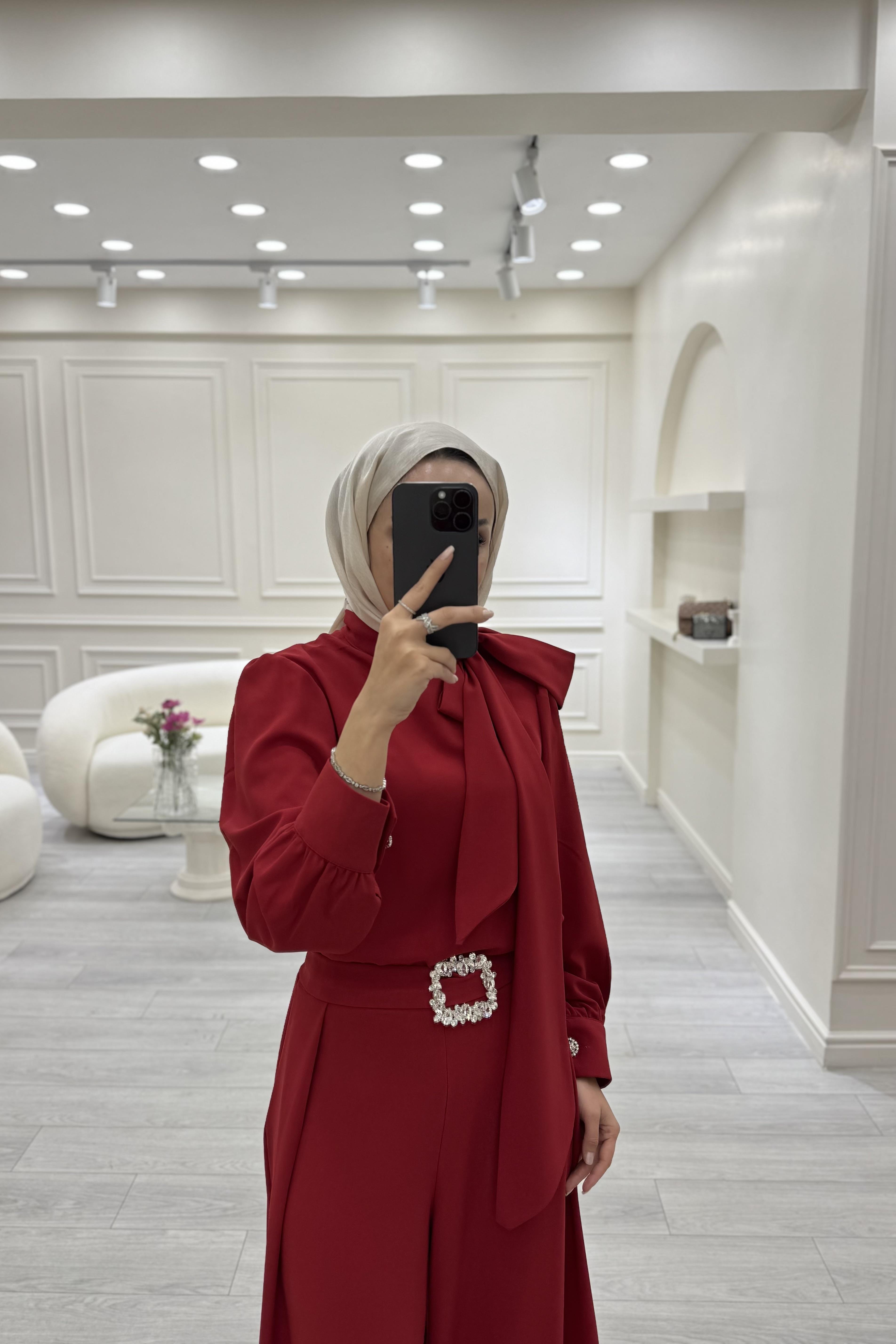 Taş Detaylı Tulum Kırmızı