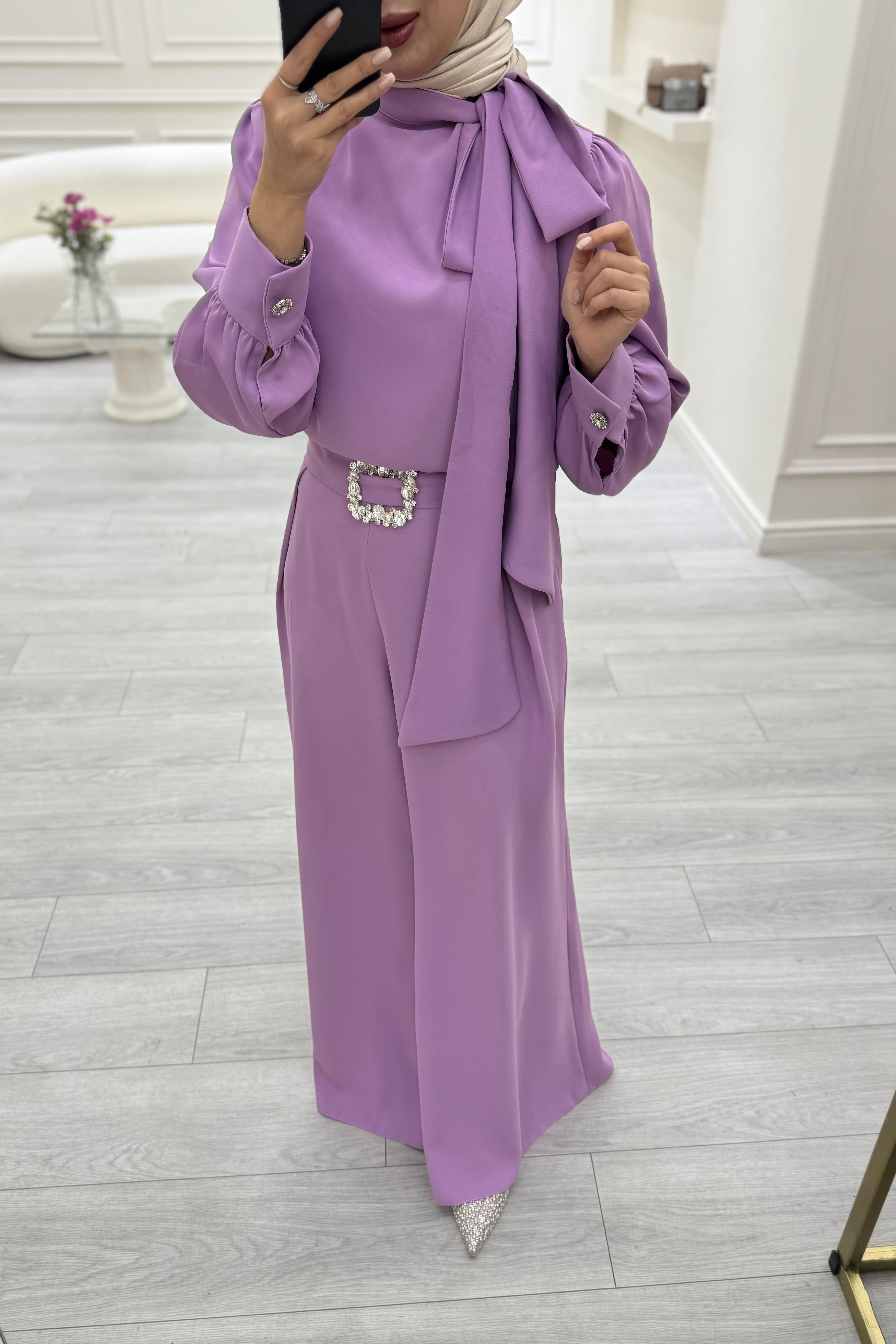 Taş Detaylı Tulum Lila