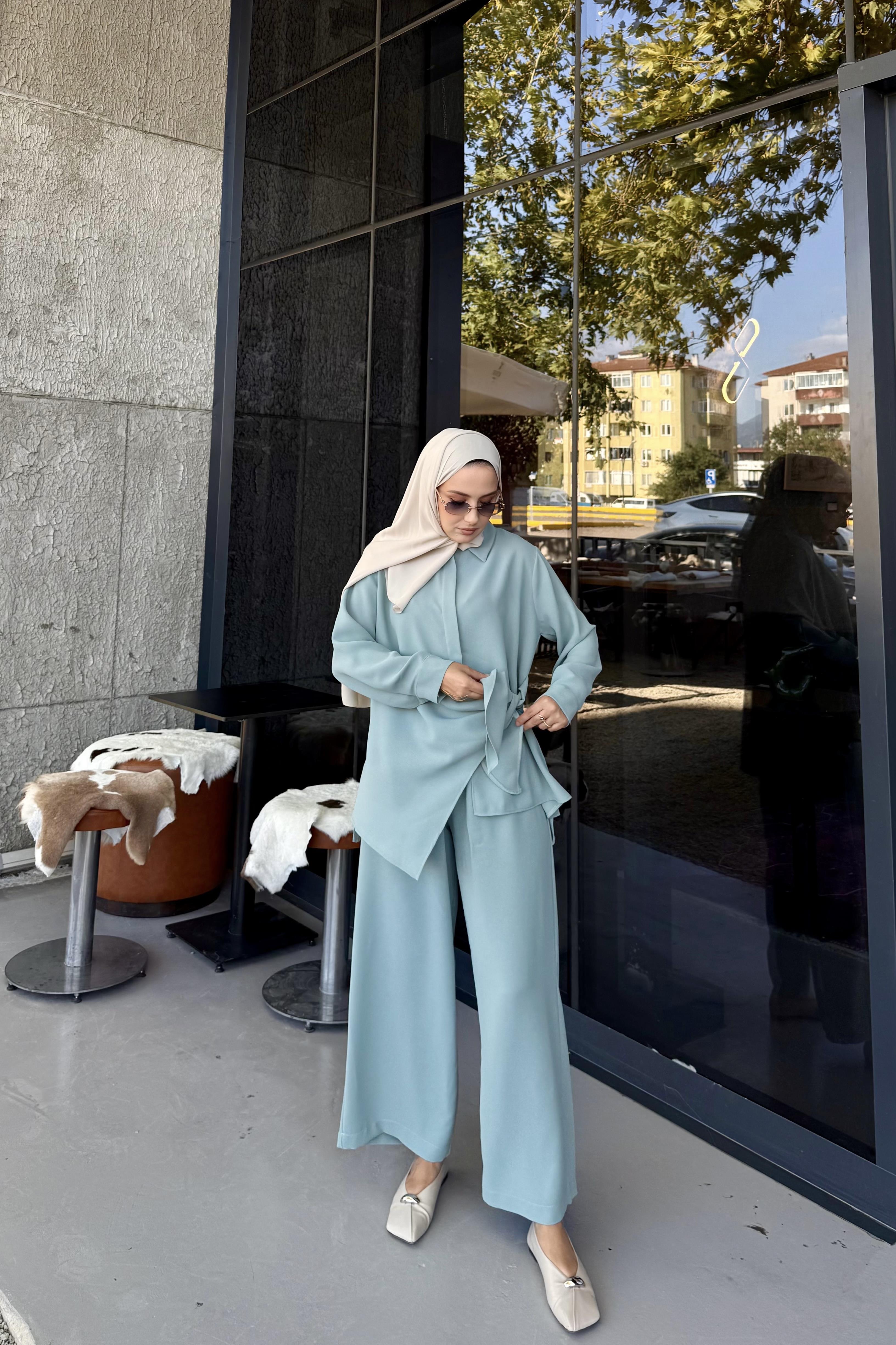 Yandan Bağlmalı Gömlek Pantolon Takım Yeşil