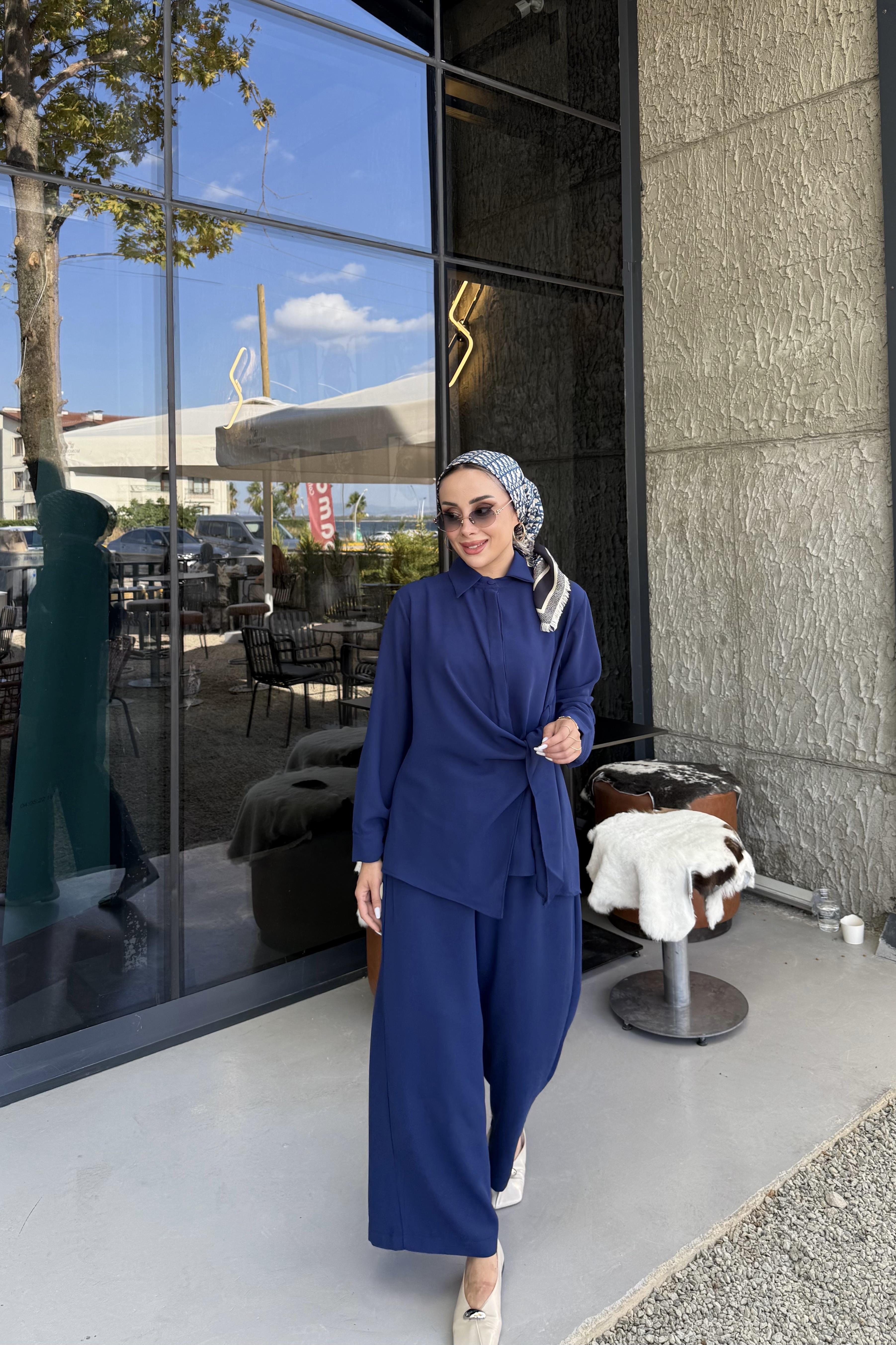 Yandan Bağlmalı Gömlek Pantolon Takım Lacivert 