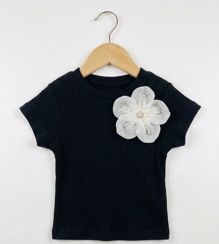 KIZ BEBEK  ORGANZE ÇİÇEK DETAYLI FİTTİLLİ T-SHİRT 