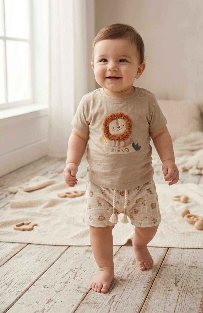 LİTTE KİNG ASLAN NAKIŞLI ERKEK BEBEK ŞORTLU TAKIM 