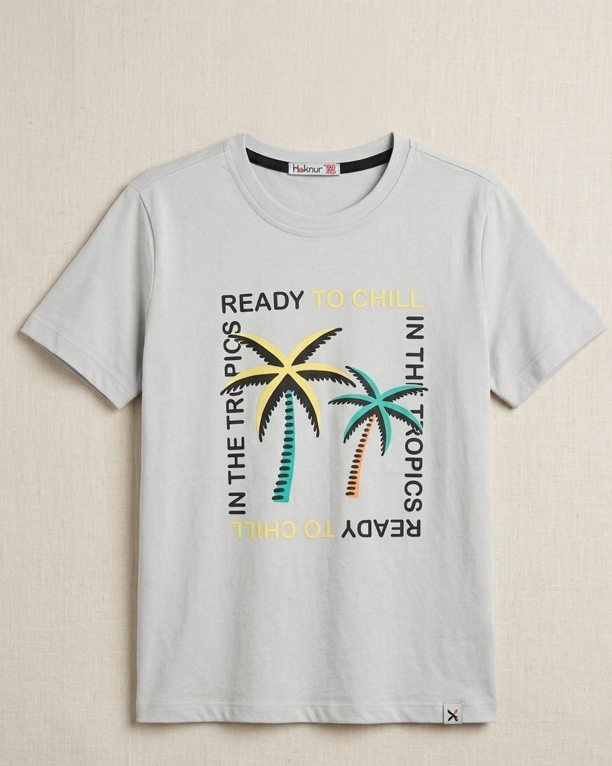 PALMİYE TEMALI READY TO CHİLL GRİ ÇOCUK T-SHİRT