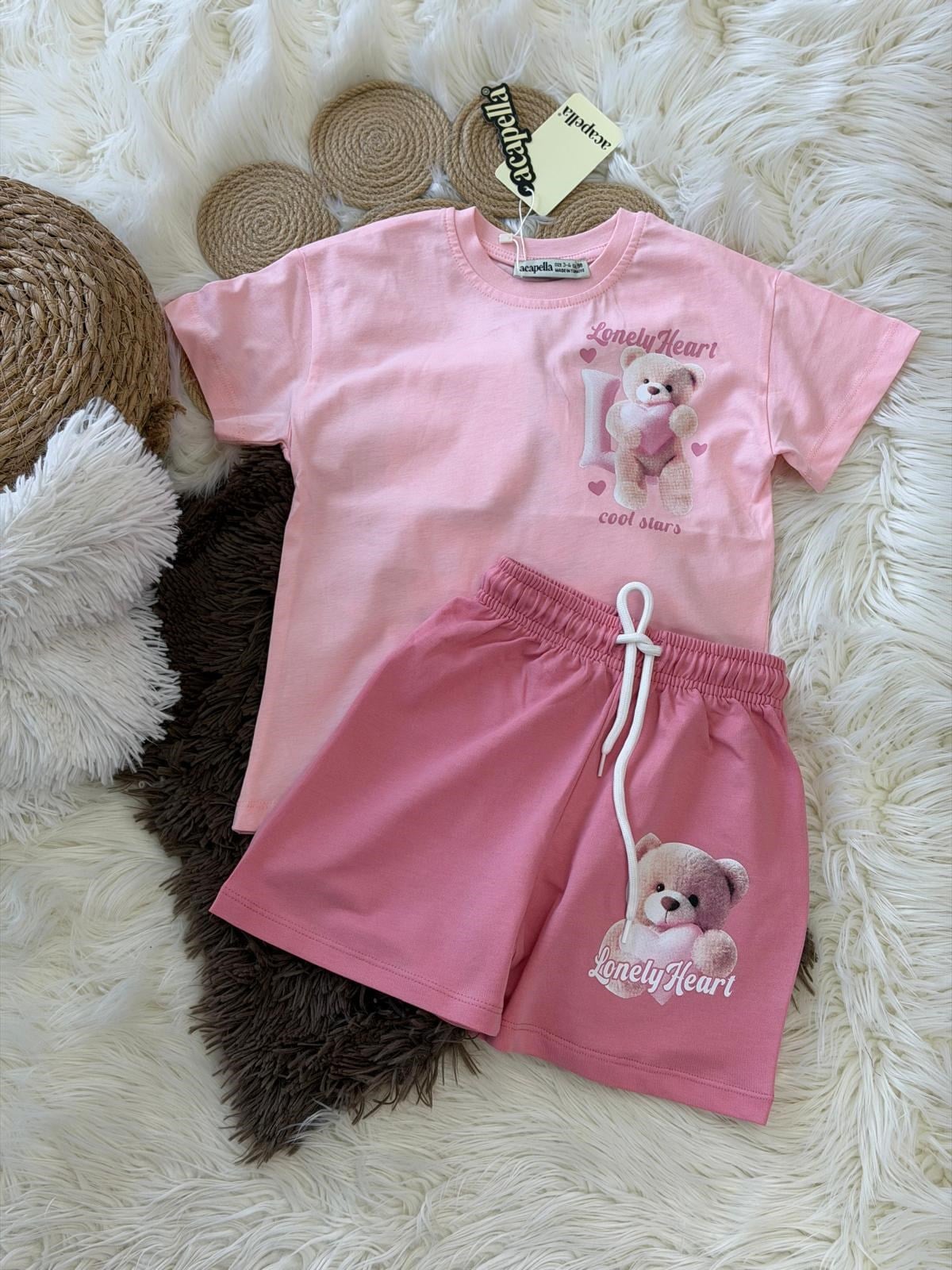 PEMBE AYICIK BASKILI KIZ ÇOCUK ŞORTLU TAKIM 