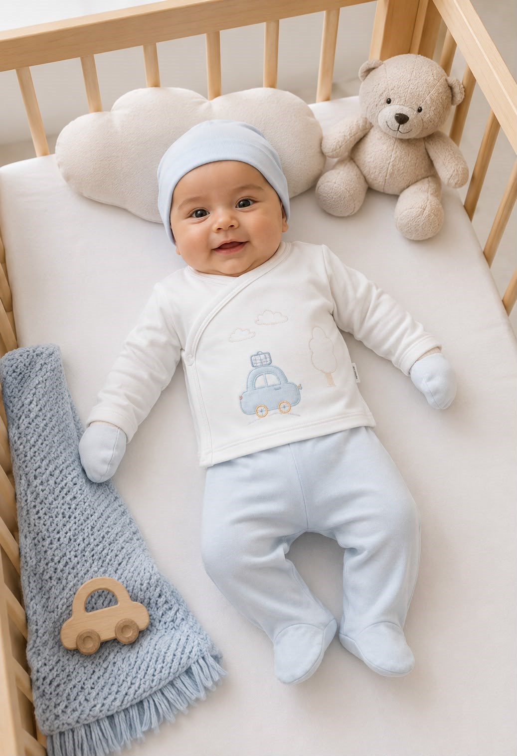 BAVULLU ARABA NAKIŞLI YENİDOĞAN ERKEK BEBEK 5'Lİ ZIBIN SET