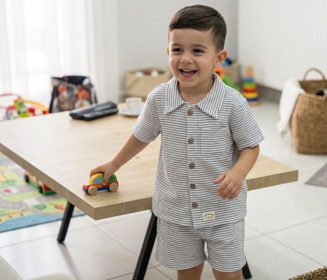 ÇİZGİLİ KETEN KARIŞIMLI ŞORTLU TAKIM -MAVİ