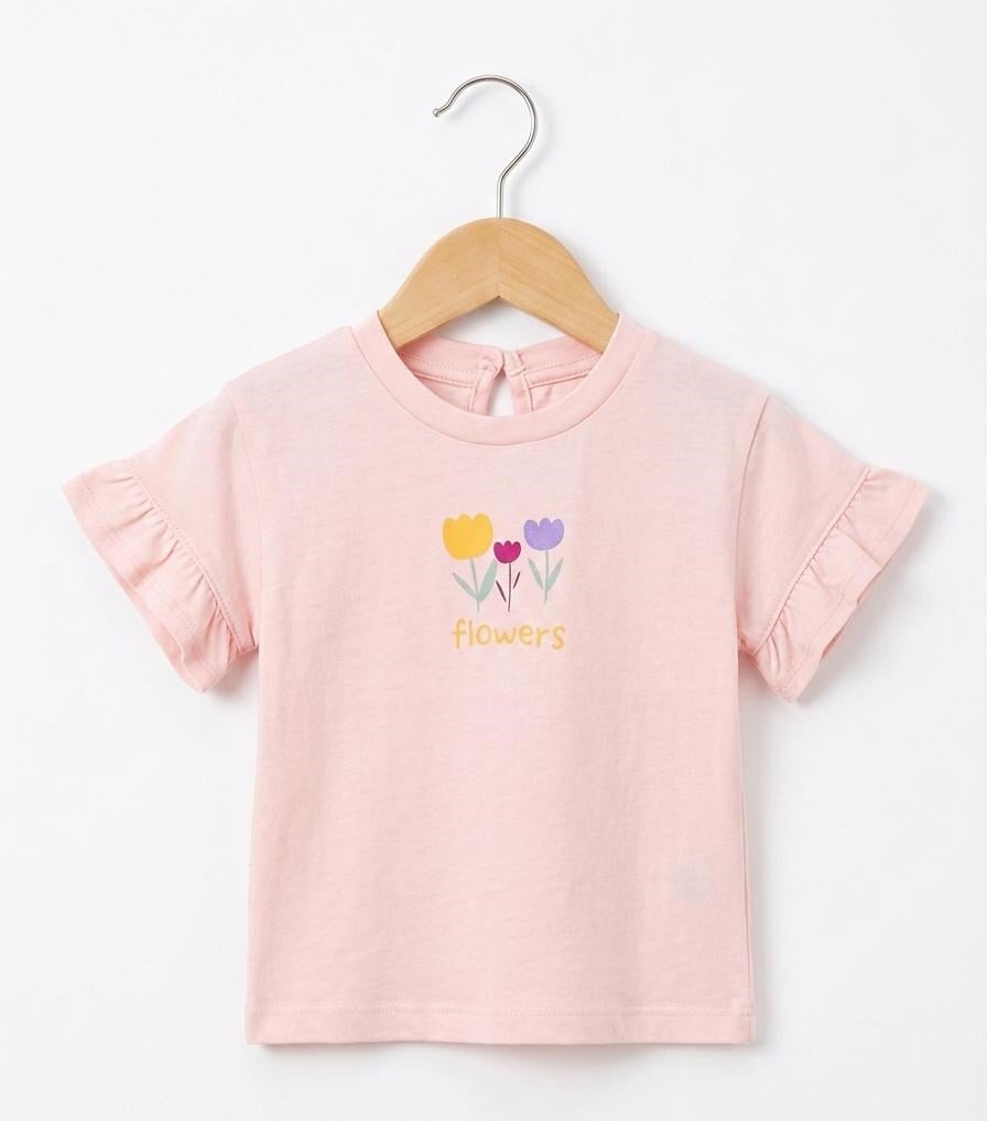 KIZ BEBEK PEMBE ÇİÇEK BASKILI KOLLARI VOLANLI TİŞÖRT