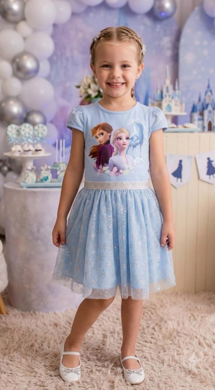 KIZ ÇOCUK FROZEN BASKILI SİMLİ TÜL DETAYLI ELBİSE 