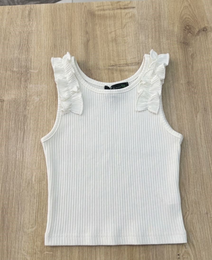 KIZ ÇOCUK OMUZ FIRFIR FİTİLLİ CROP ATLET-BEYAZ