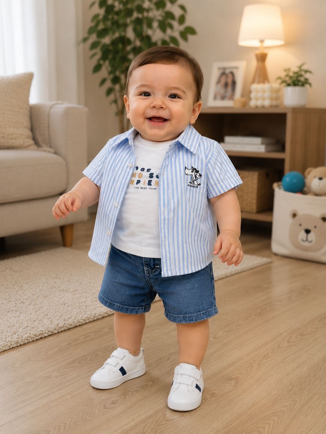MAVİ ÇİZGİLİ GÖMLEKLİ BEBEK ŞORT TAKIM